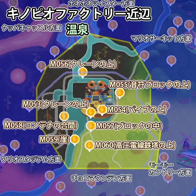 キノピオファクトリー近辺にあるピーチメダル8枚のマップ