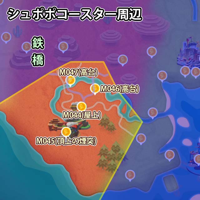 シュポポコースター周辺にあるピーチメダル4個のマップ