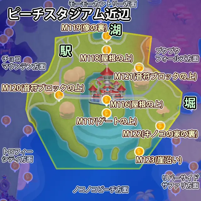 ピーチスタジアム近辺にあるピーチメダル8枚のマップ