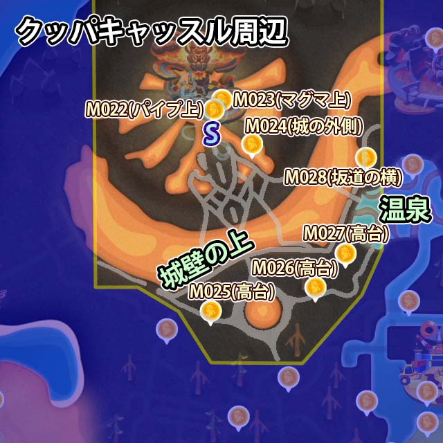 クッパキャッスル周辺にあるピーチメダル7個のマップ