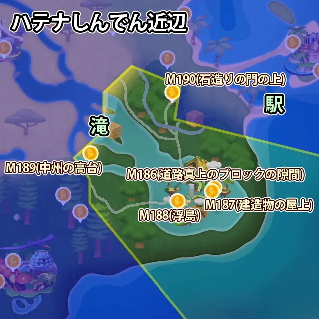 ハテナしんでん近辺にあるピーチメダル5枚のマップ